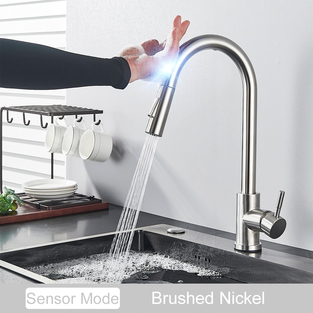 Black Touch Control Kitchen Faucet With PullOut Spray Modern Sink Tap 6