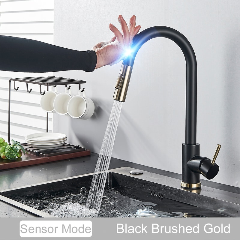 Black Touch Control Kitchen Faucet With PullOut Spray Modern Sink Tap 8