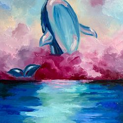 Whale In The Cloud Oil Art Original Painting Wall Abstract Painting Impasto Whale Painting Whale 3d Oil Art