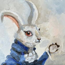 Rabbit Oil Painting Rabbit Alice in Wonderland Original Art Wall Painting Impasto Alice in Wonderland Original Art