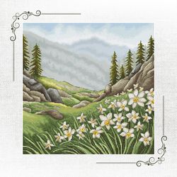 tranquil hillside stitchable artwork, narcissus in the mountains cross stitch pattern