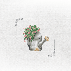 blooming watering can cross stitch pattern, rustic home decor embroidery