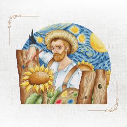 impressionist art cross-stitch pattern - create your own van gogh masterpiece, starry night with sunflowers