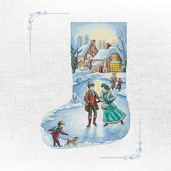 charming snow day embroidery design - victorian winter wonderland cross-stitch pattern