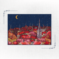 old world charm cross-stitch design: european rooftops at dusk