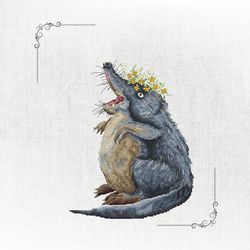 fairytale desman with a flower crown. cross stitch pattern. beauty in a wreath.