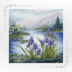 lakeside serenity: handmade cross-stitch pattern of purple irises by the water
