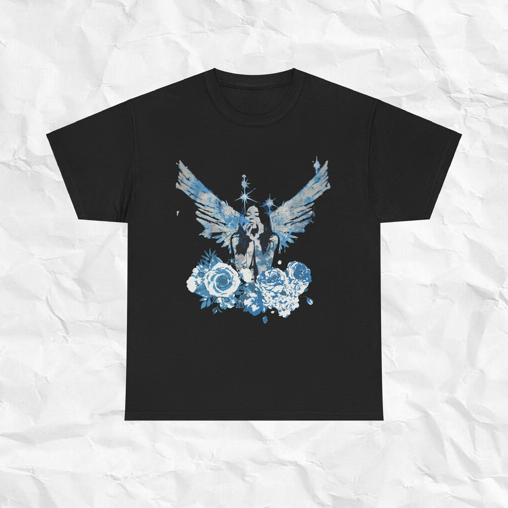 Blue Angel Wings Tee, Blue Flowers, Fallen Angel T-shirt, Beautiful Fantasy Shirt, Gift for fantasy lovers, Premium Unisex T-Shirt S-5X.jpg