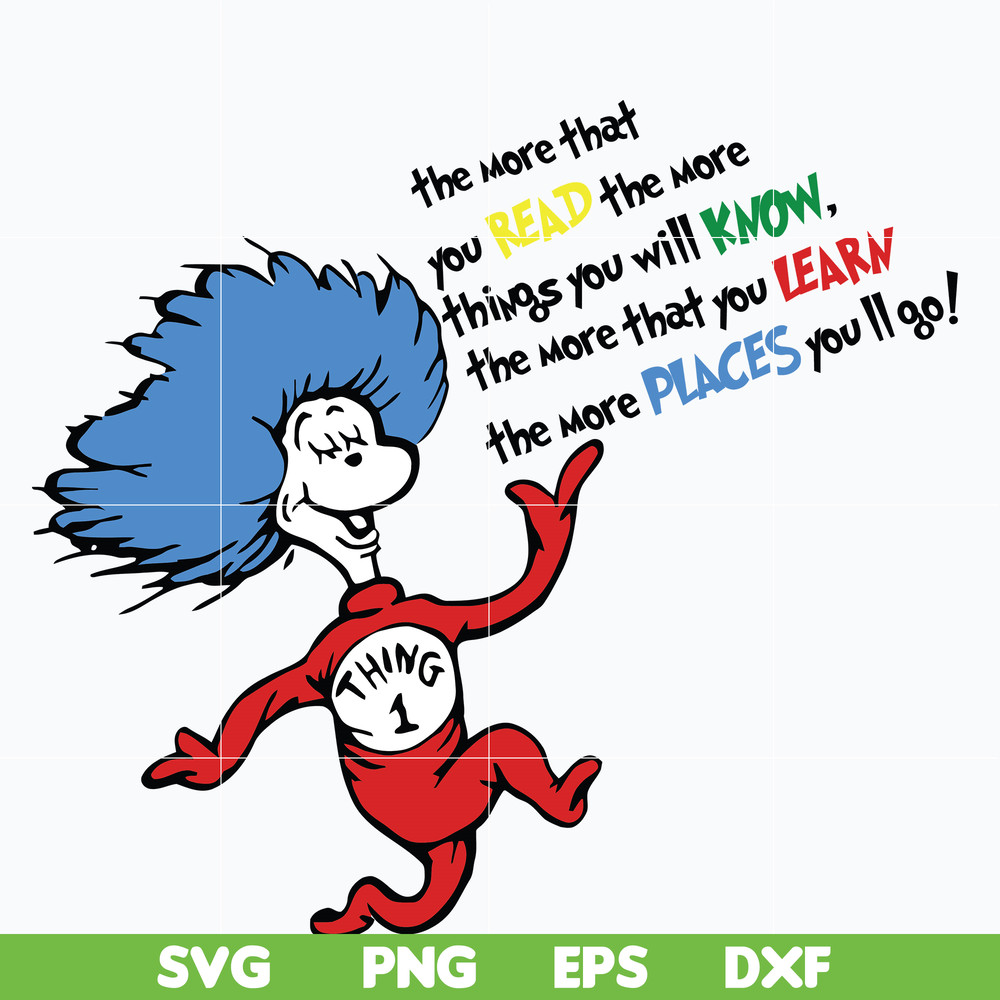 DR0302214-The more that you read, the more things you will know, the more that you learn, the more places you'll go svg, dr seuss svg, png, dxf, eps digital fil