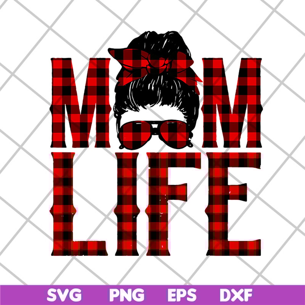 MTD23042140-Red plaid messy hair bun mom life svg, Mother's day svg, eps, png, dxf digital file MTD23042140.jpg
