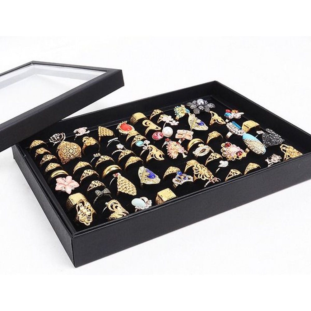 100Slot Jewelry Ring Display Organizer Tray Holder For Earrings DustProof Storage Box Velvet Lined 1