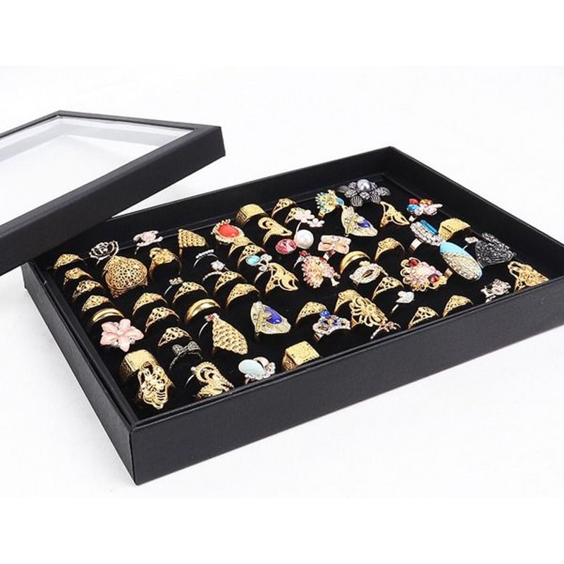 100Slot Jewelry Ring Display Organizer Tray Holder For Earrings DustProof Storage Box Velvet Lined 1