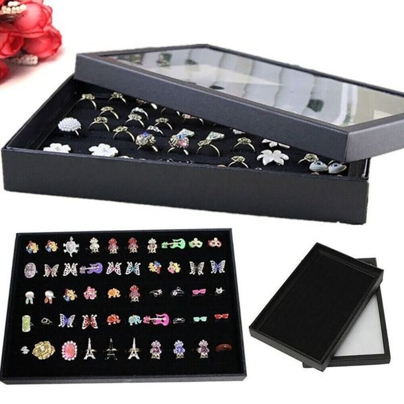 100Slot Jewelry Ring Display Organizer Tray Holder For Earrings DustProof Storage Box Velvet Lined 2