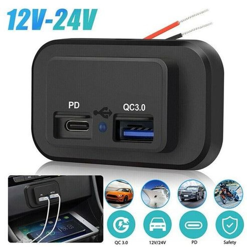 Dual USB PD QC30 Fast Charger Socket LED Power Outlet For Cars Boats RVs More 12
