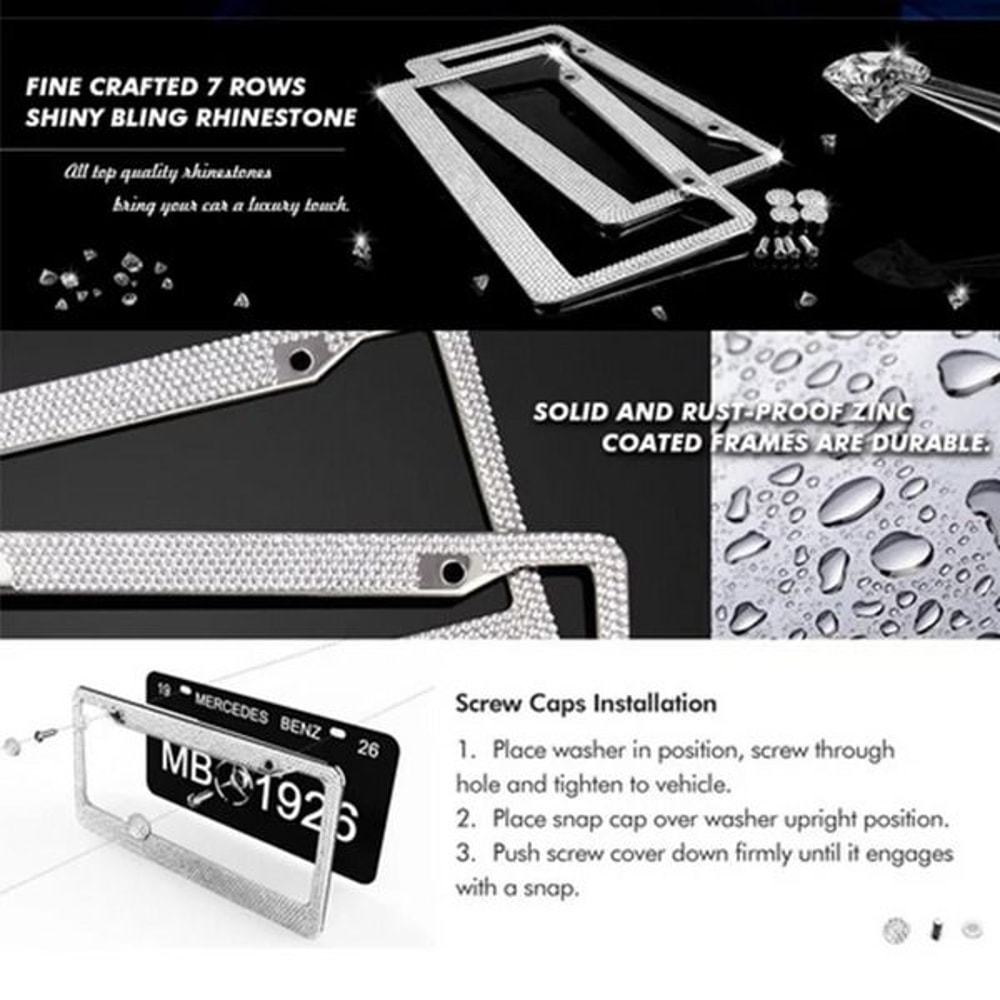 Glitter Crystal Bling License Plate Frame Rhinestone Diamond Caps Sparkling Car Decor For Elegant S 6