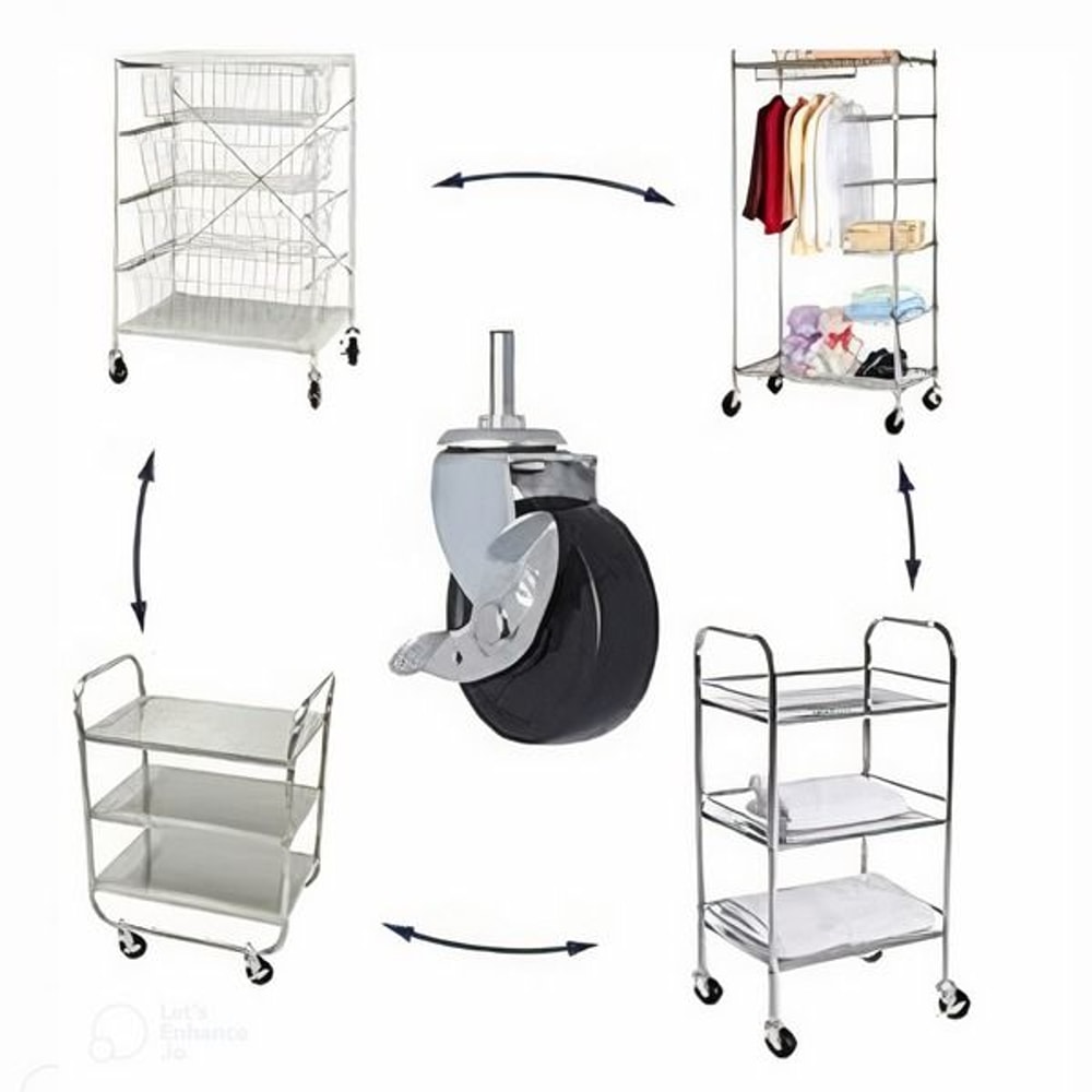 Heavy Duty Rubber Casters With Safety Brake Wheels For Wire Shelving Rack Quiet Degree Swivel Smoot