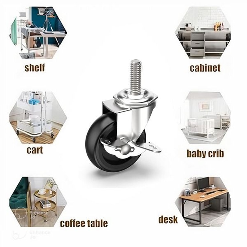 Heavy Duty Rubber Casters With Safety Brake Wheels For Wire Shelving Rack Quiet Degree Swivel Smoot