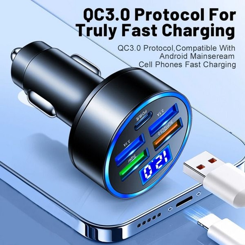 5Port USB Super Fast Car Charger Adapter Quick Charging MultiDevice Car Charging Station 12