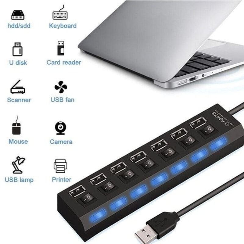 High Speed 7 Port USB Hub Splitter Adapter For PC Laptop Mac Desktop Data Transfer Individual OnOff 4