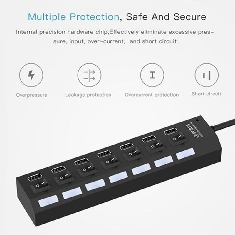 High Speed 7 Port USB Hub Splitter Adapter For PC Laptop Mac Desktop Data Transfer Individual OnOff 6
