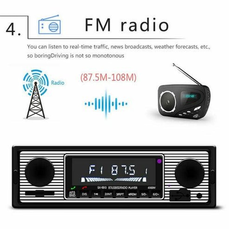 Classic Bluetooth Car Stereo FM Radio MP3 Player USB Audio Receiver AUX Remote Control Vintage Desi 5