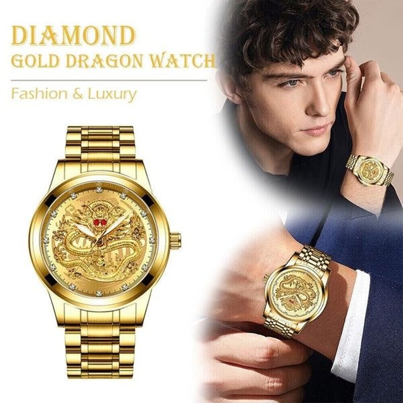 Classic Stainless Steel Gold Mens Diamond Watch Waterproof Business Gift Elegant Quartz Watch 1
