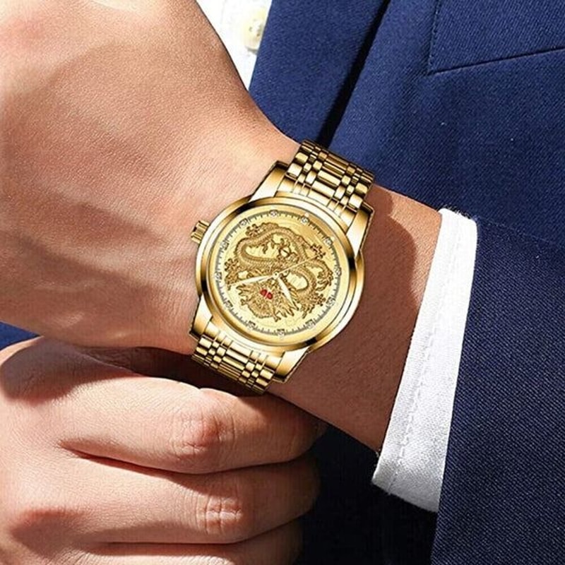 Classic Stainless Steel Gold Mens Diamond Watch Waterproof Business Gift Elegant Quartz Watch 6