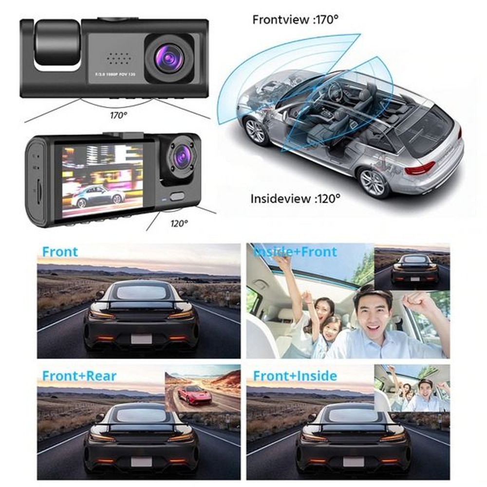HD Car Dual Lens Dash Cam FrontRearInside Video Recorder Builtin GSensor Night Vision Technology 1