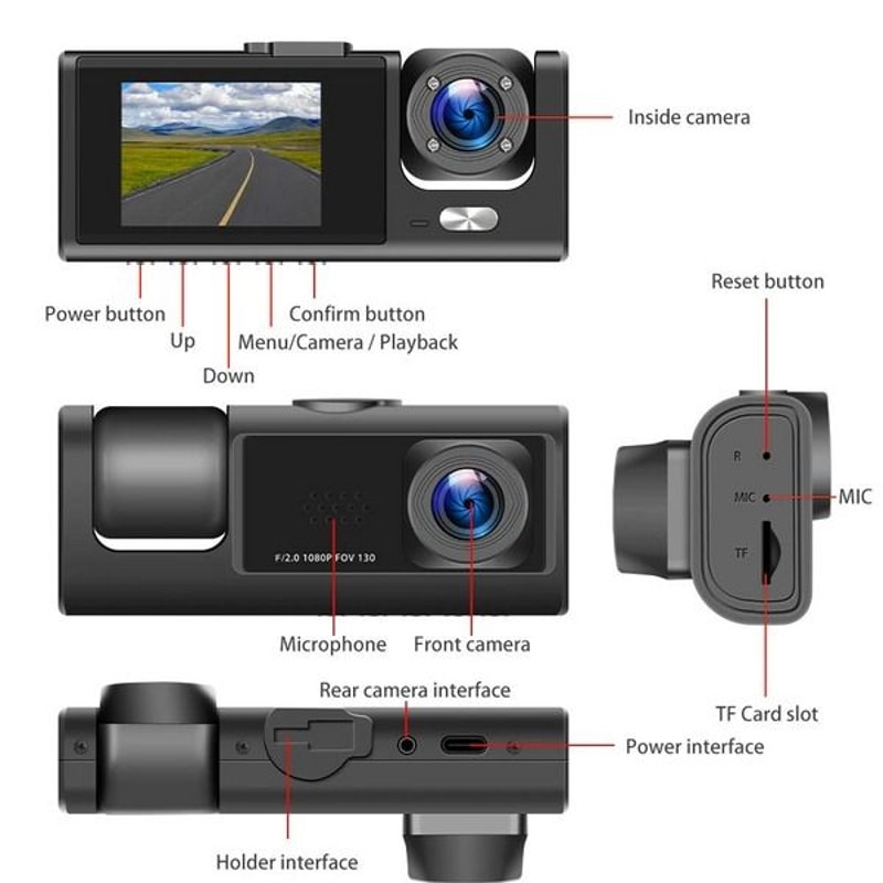 HD Car Dual Lens Dash Cam FrontRearInside Video Recorder Builtin GSensor Night Vision Technology 2