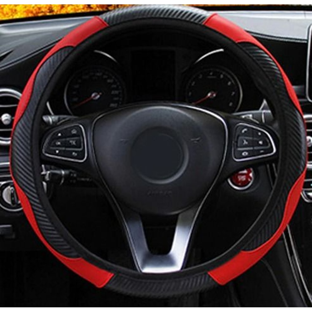 Red Black Leather Car Steering Wheel Cover Antislip Carbon Fiber Universal Fit 5