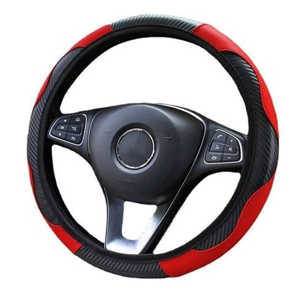 Red Black Leather Car Steering Wheel Cover Antislip Carbon Fiber Universal Fit 6