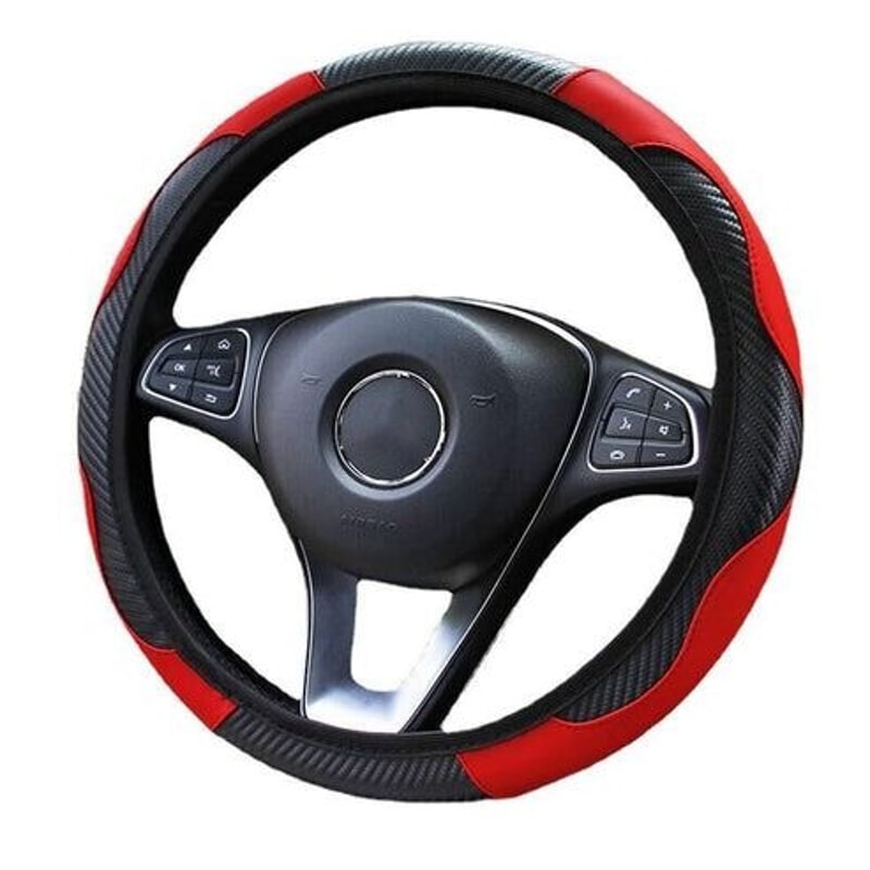 Red Black Leather Car Steering Wheel Cover Antislip Carbon Fiber Universal Fit 6