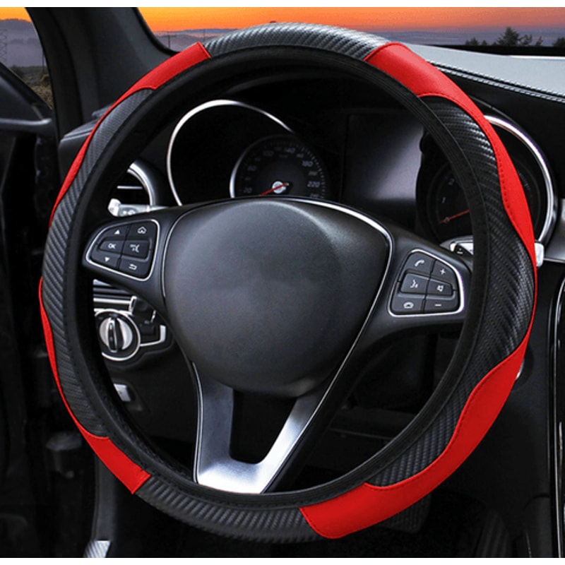 Red Black Leather Car Steering Wheel Cover Antislip Carbon Fiber Universal Fit 9