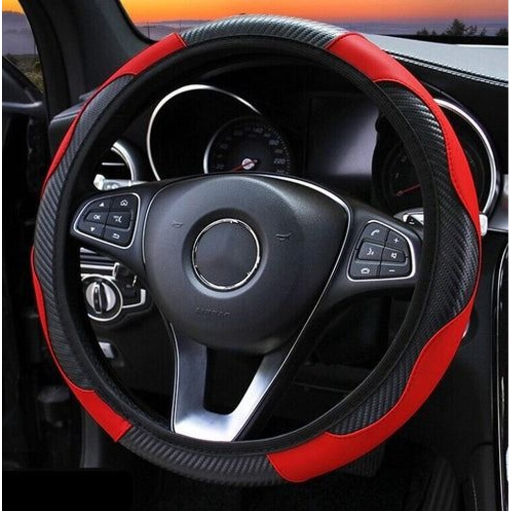 Red Black Leather Car Steering Wheel Cover Antislip Carbon Fiber Universal Fit 2
