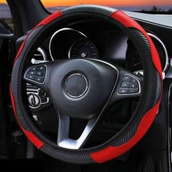 red & black leather car steering wheel cover, anti-slip carbon fiber, universal fit