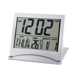 compact digital travel alarm clock, lcd temperature display, foldable desk timer