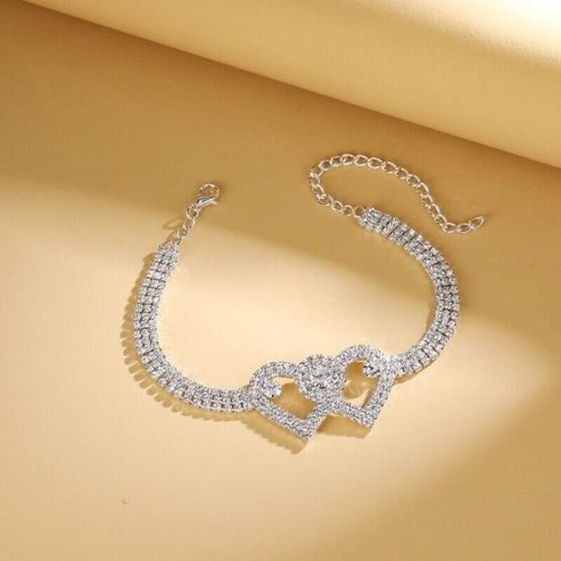 Bling Crystal Ankle Bracelet Double Heart Anklet Love Barefoot Chain Adjustable Sparkly Rhinestone 1