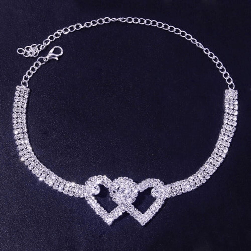 Bling Crystal Ankle Bracelet Double Heart Anklet Love Barefoot Chain Adjustable Sparkly Rhinestone 3