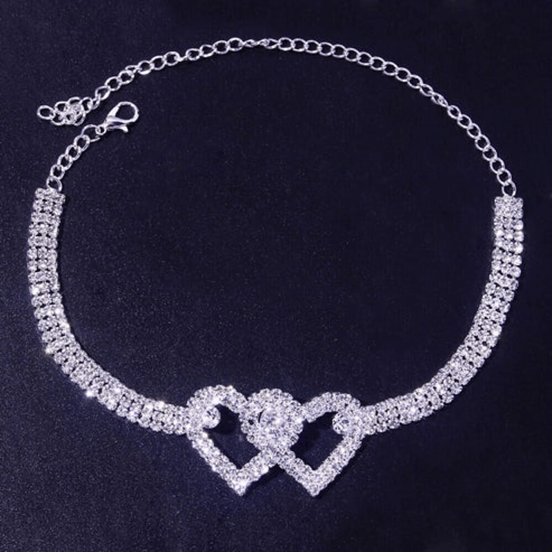 Bling Crystal Ankle Bracelet Double Heart Anklet Love Barefoot Chain Adjustable Sparkly Rhinestone 3