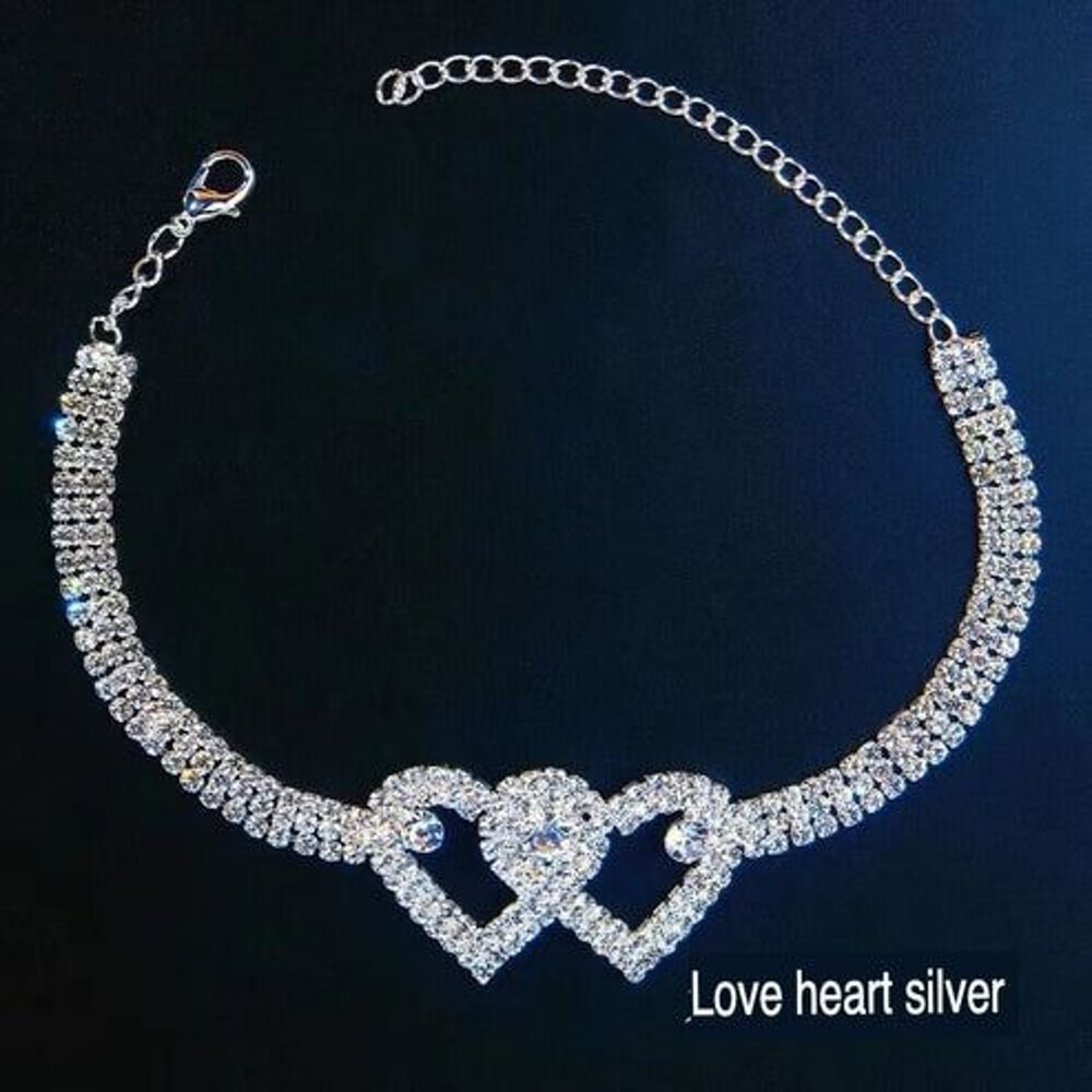 Bling Crystal Ankle Bracelet Double Heart Anklet Love Barefoot Chain Adjustable Sparkly Rhinestone 9