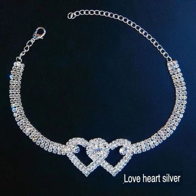 Bling Crystal Ankle Bracelet Double Heart Anklet Love Barefoot Chain Adjustable Sparkly Rhinestone 9