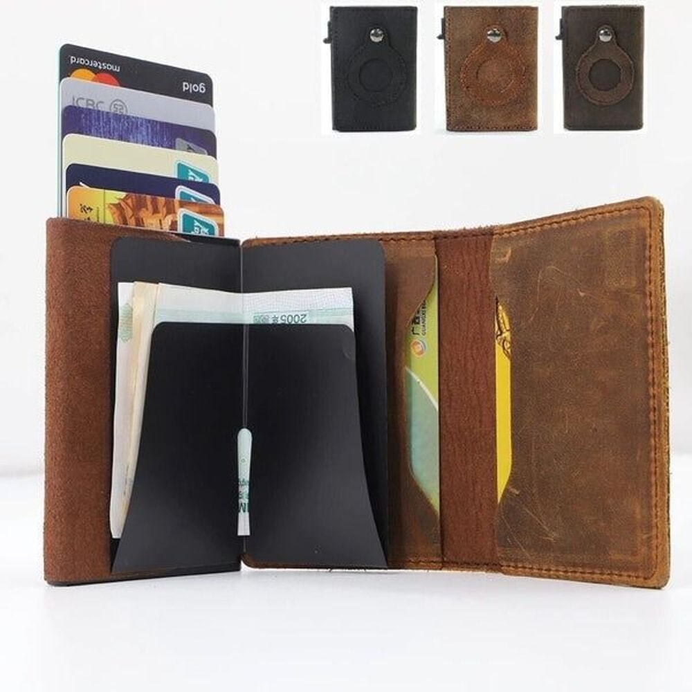 Genuine Leather Credit Card Holder For Airtag Wallet Case Magnetic Air Tag Cover 8