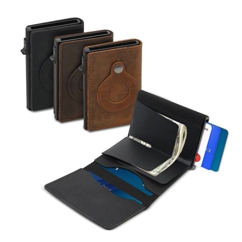 Genuine Leather Credit Card Holder For Airtag Wallet Case Magnetic Air Tag Cover 6
