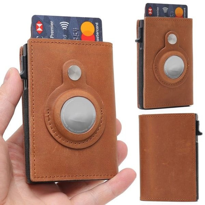 Genuine Leather Credit Card Holder For Airtag Wallet Case Magnetic Air Tag Cover 14