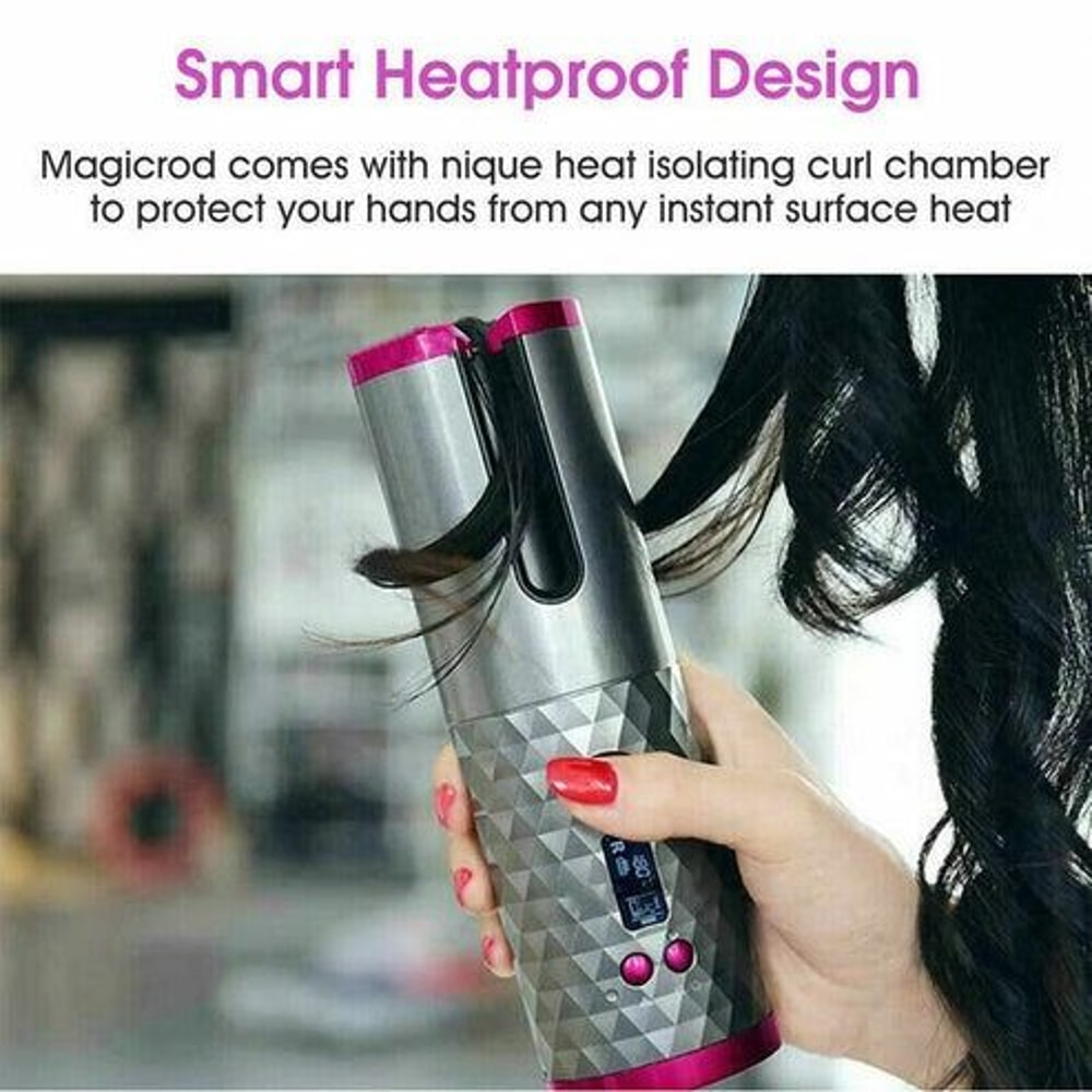 Auto Rotating Hair Curler LCD Cordless Ceramic Curling Iron Wireless Adjustable Heat 6