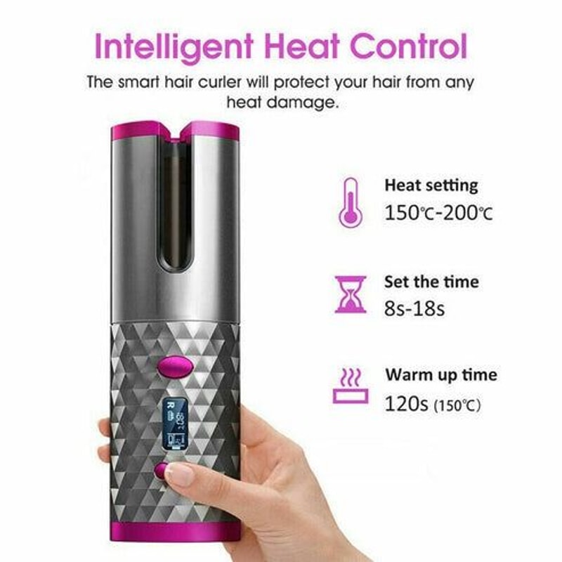 Auto Rotating Hair Curler LCD Cordless Ceramic Curling Iron Wireless Adjustable Heat 8
