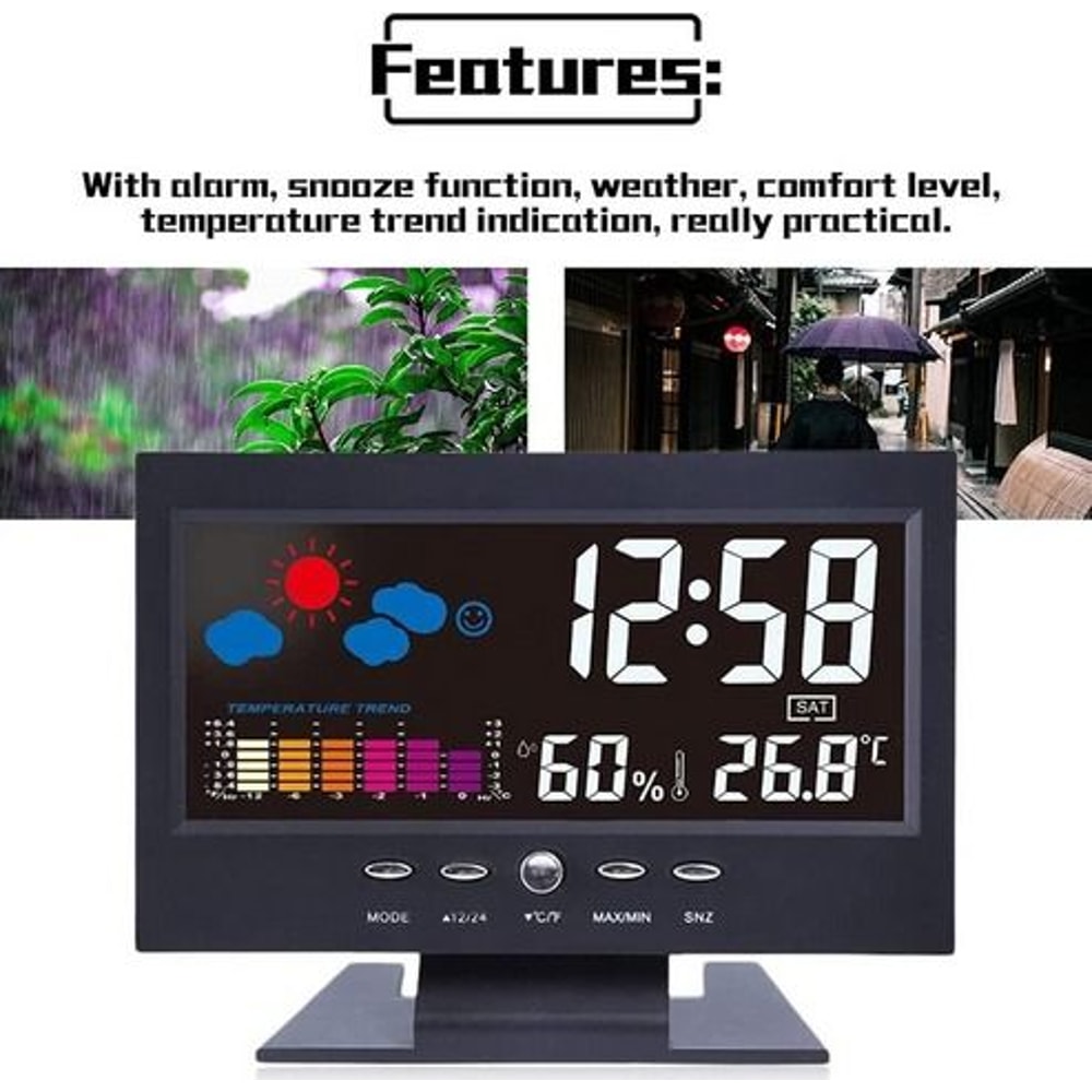 LED Digital Alarm Clock With Snooze Calendar Thermometer Hygrometer Weather Display Large Backlit 10