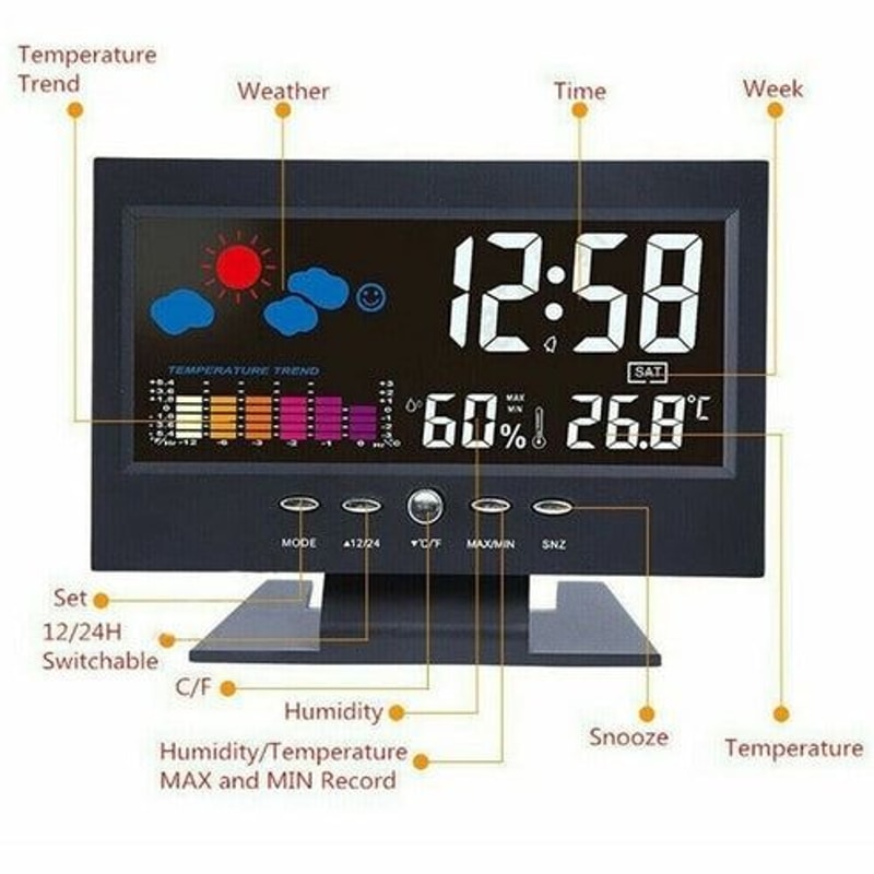 LED Digital Alarm Clock With Snooze Calendar Thermometer Hygrometer Weather Display Large Backlit 4