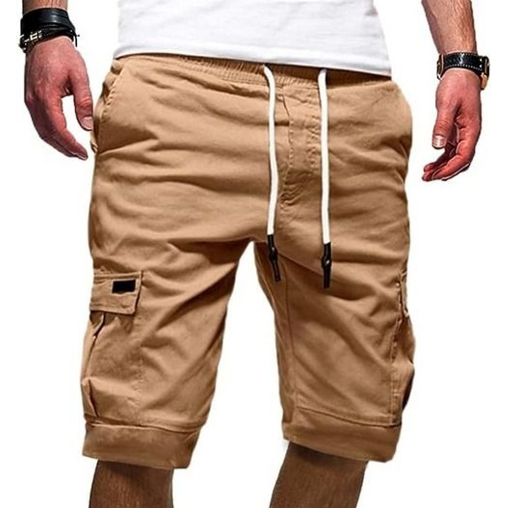 Men Chino Cargo Shorts Drawstring Waist 6 Pockets Elastic Waistband Comfortable Summer Trousers For 3