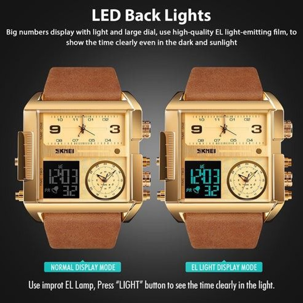 Men Watch Large Face Digital Quartz Sport Stopwatch Leather Wristwatch Waterproof Comfortable Desi 1